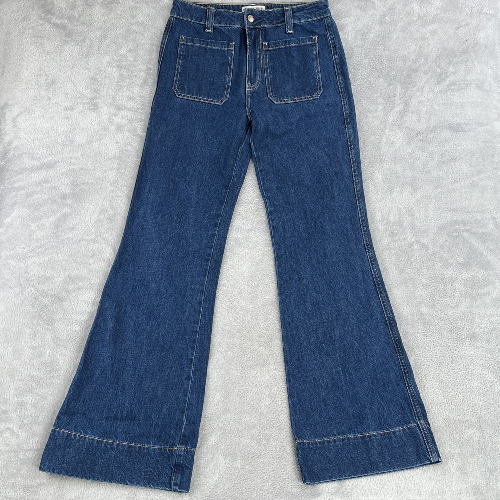 We The Free Baggy Wide Leg Flare Jeans 28S Dark Blue Patch Pocket Cuff 70s Boho